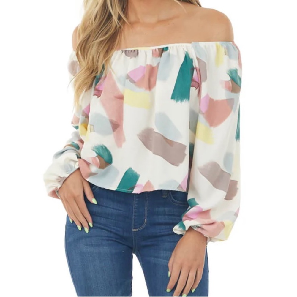 Ivory Multicolor Paint Stroke Puff Sleeve Blouse